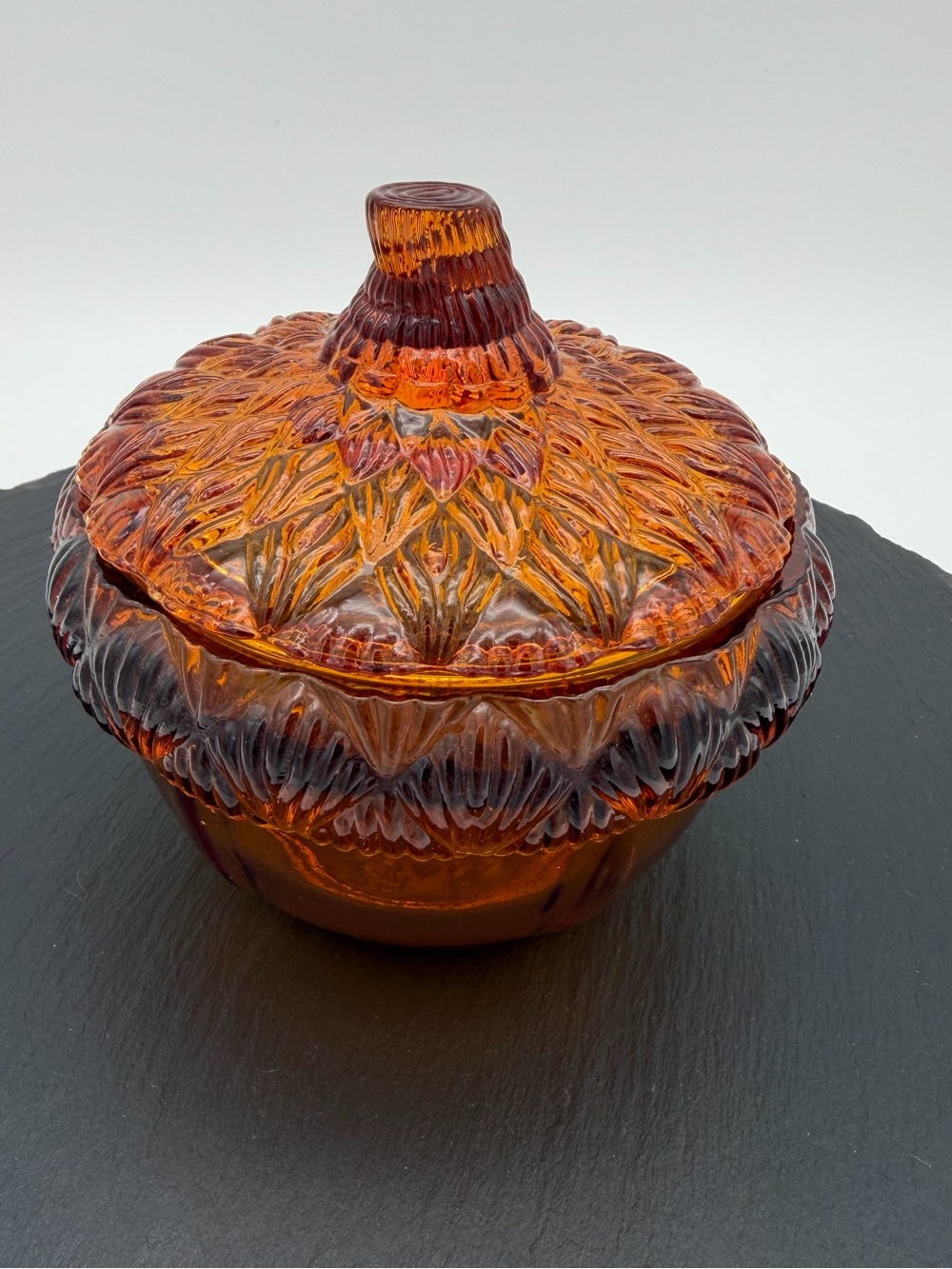 Vintage Williams Sonoma Amber Glass Pumpkin Lidded Candy Dish